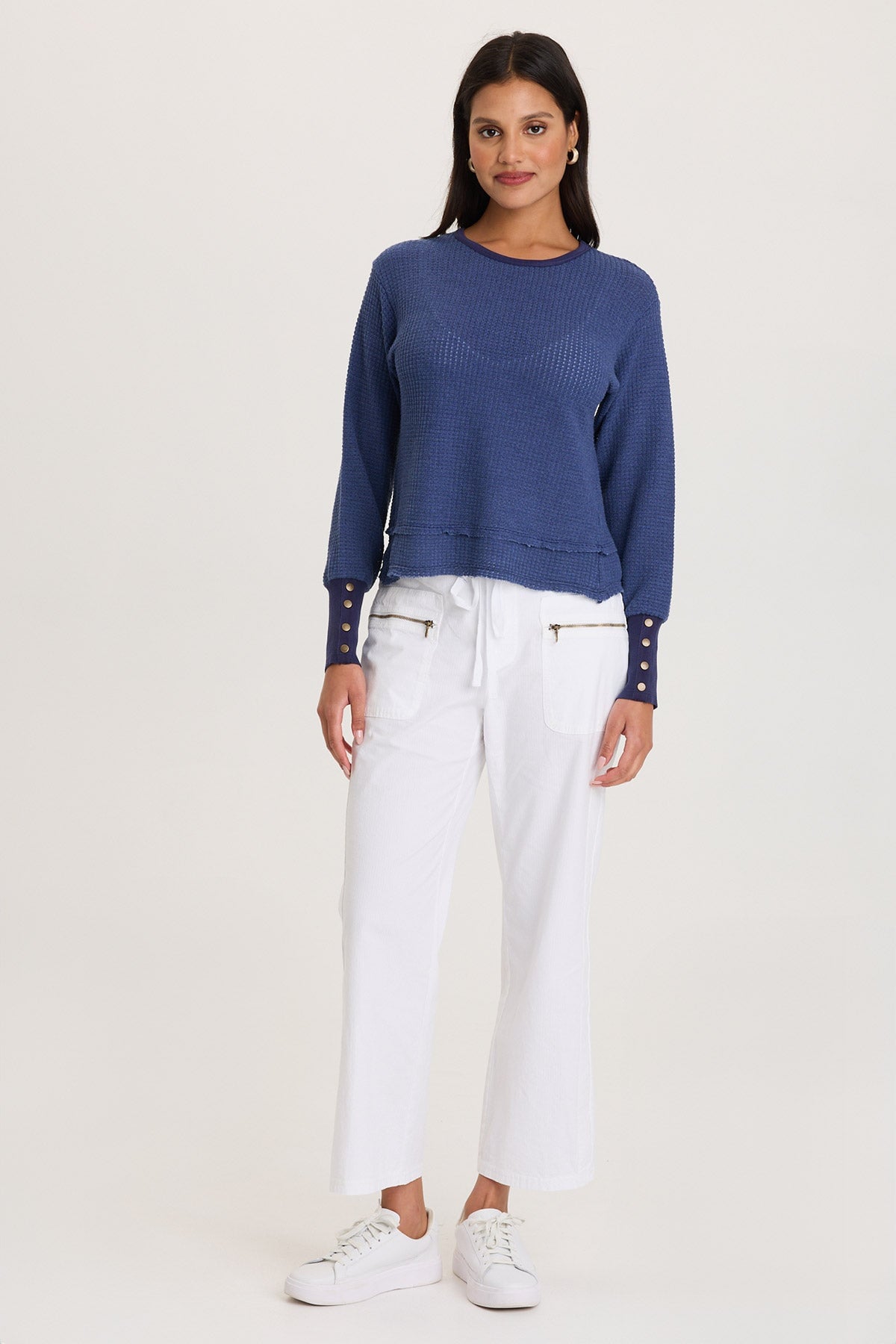 Long Ribbed Buttoned Cuffs Thermal Long Sleeve Kelsoe Crew Neck Hague Blue Pigment - XCVI