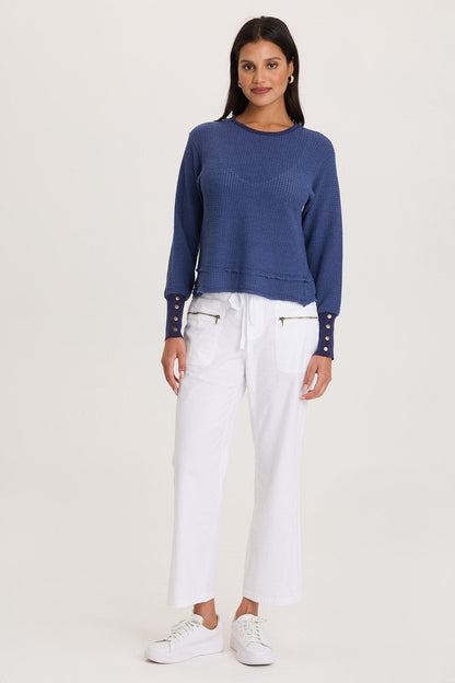Long Ribbed Buttoned Cuffs Thermal Long Sleeve Kelsoe Crew Neck Hague Blue Pigment - XCVI