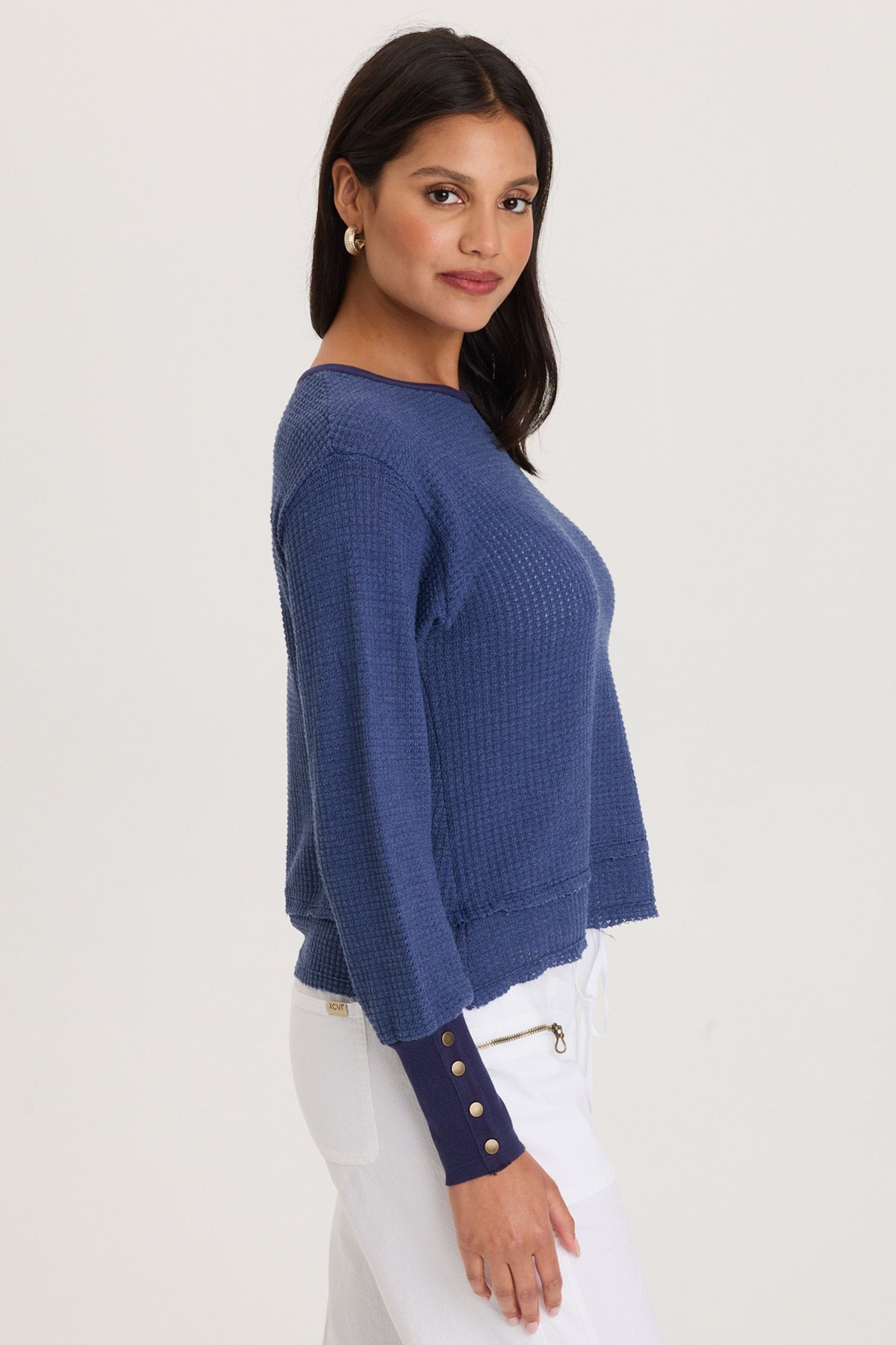 Long Ribbed Buttoned Cuffs Thermal Long Sleeve Kelsoe Crew Neck Hague Blue Pigment - XCVI