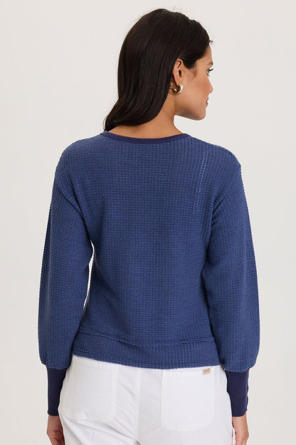 Long Ribbed Buttoned Cuffs Thermal Long Sleeve Kelsoe Crew Neck Hague Blue Pigment - XCVI