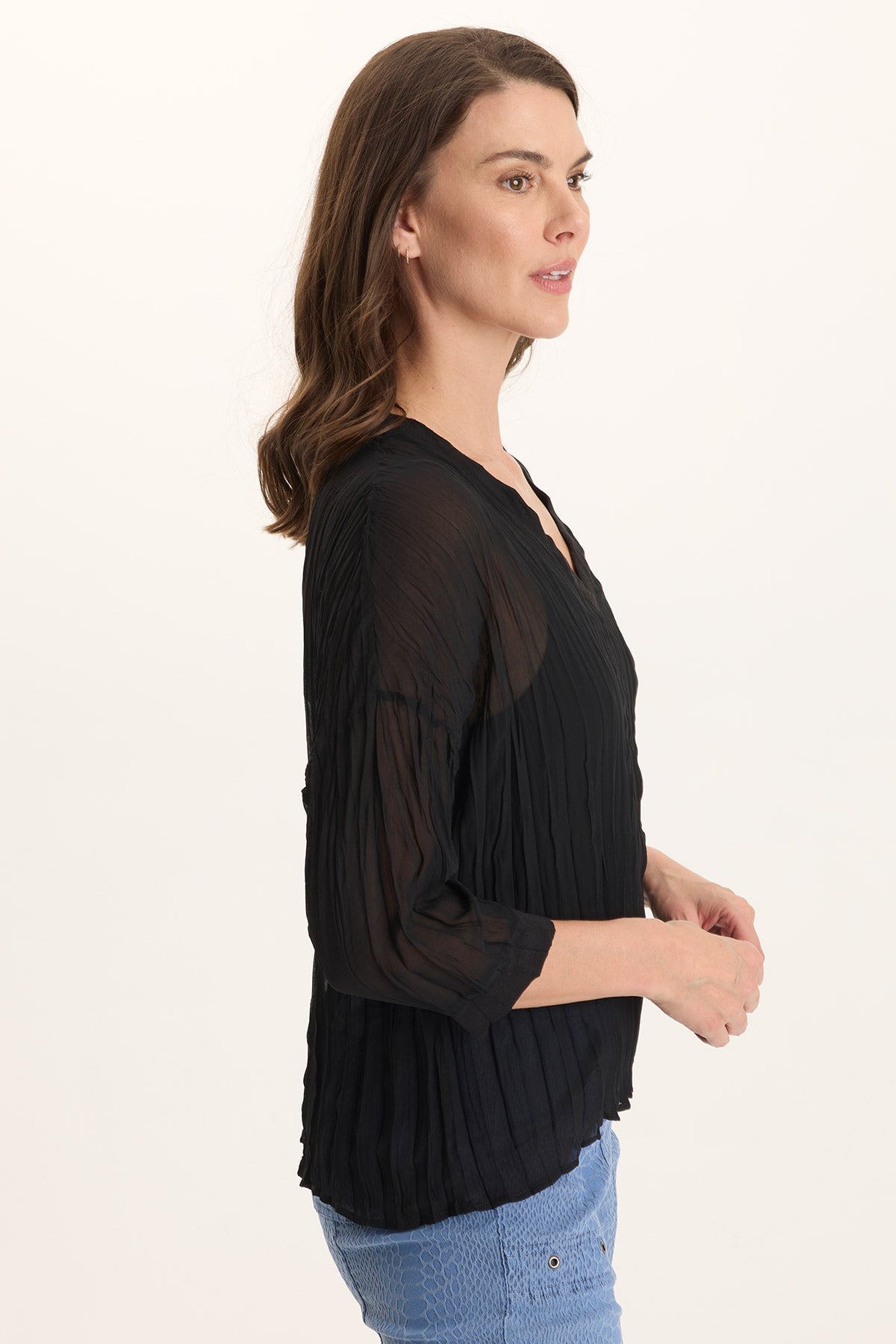 Hoyt V-Neck Micro-Pleat 3/4-Sleeve Crinkle Top Black - XCVI