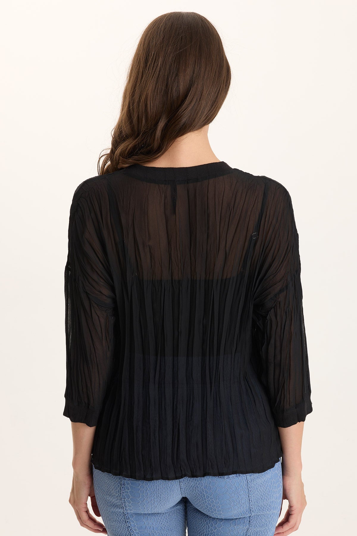 Hoyt V-Neck Micro-Pleat 3/4-Sleeve Crinkle Top Black - XCVI