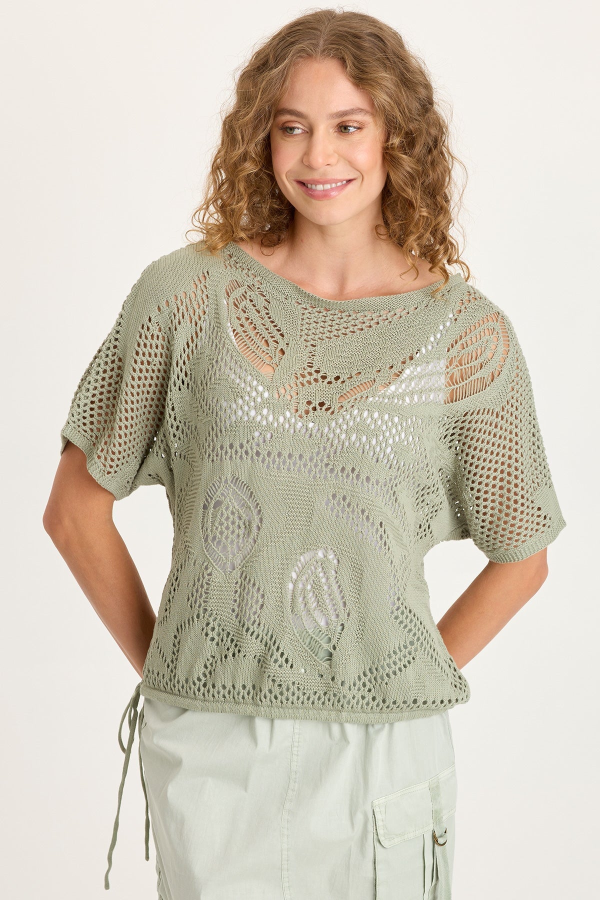 Macon Cotton Knit Mesh-Like Cinchable Bubble Hem Short Sleeve Top Tradewind Pigment - XCVI