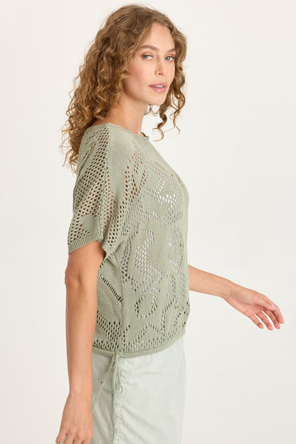 Macon Cotton Knit Mesh-Like Cinchable Bubble Hem Short Sleeve Top Tradewind Pigment - XCVI