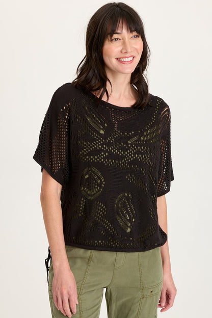 Macon Cotton Knit Mesh-Like Cinchable Bubble Hem Short Sleeve Top Black - XCVI