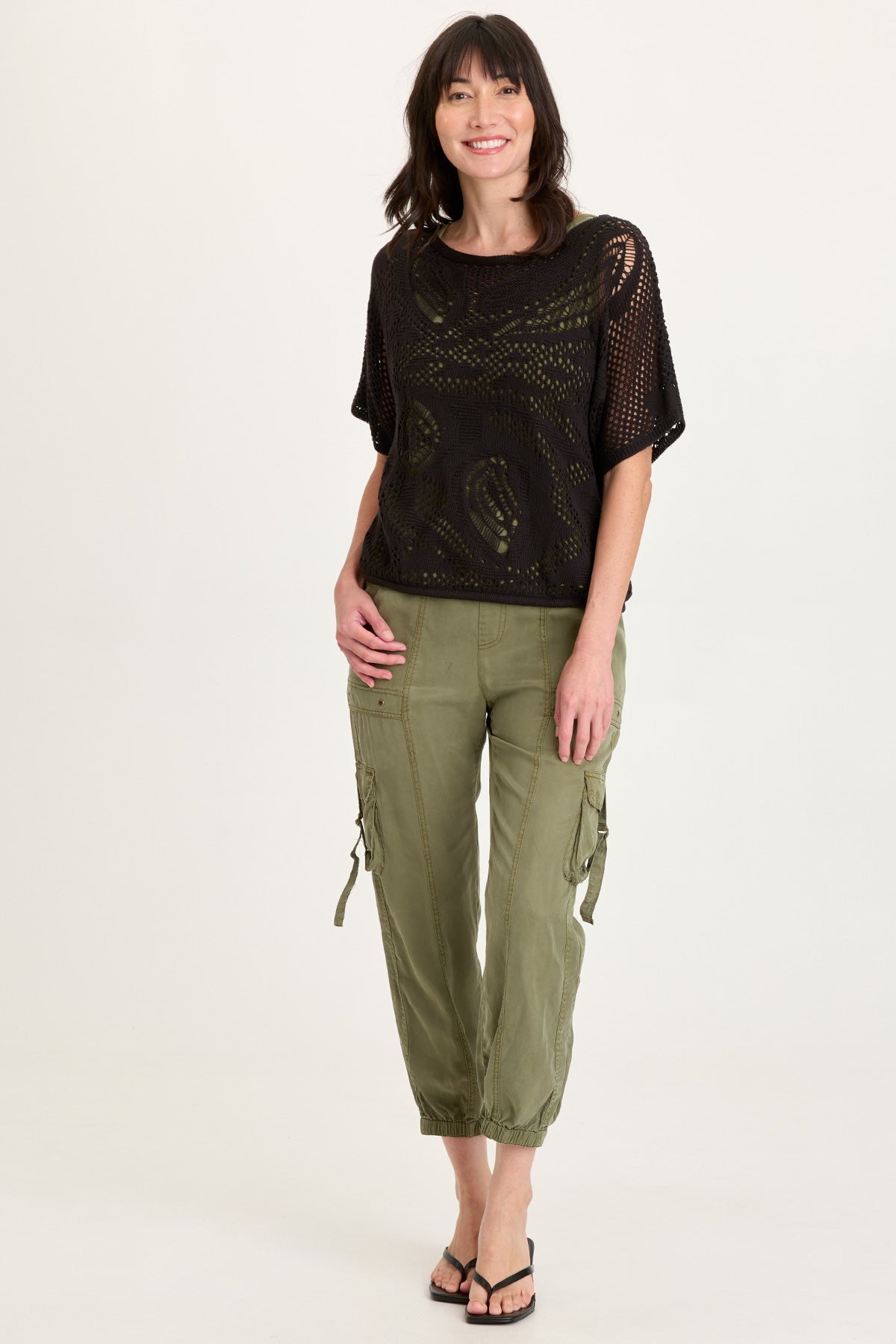 Macon Cotton Knit Mesh-Like Cinchable Bubble Hem Short Sleeve Top Black - XCVI