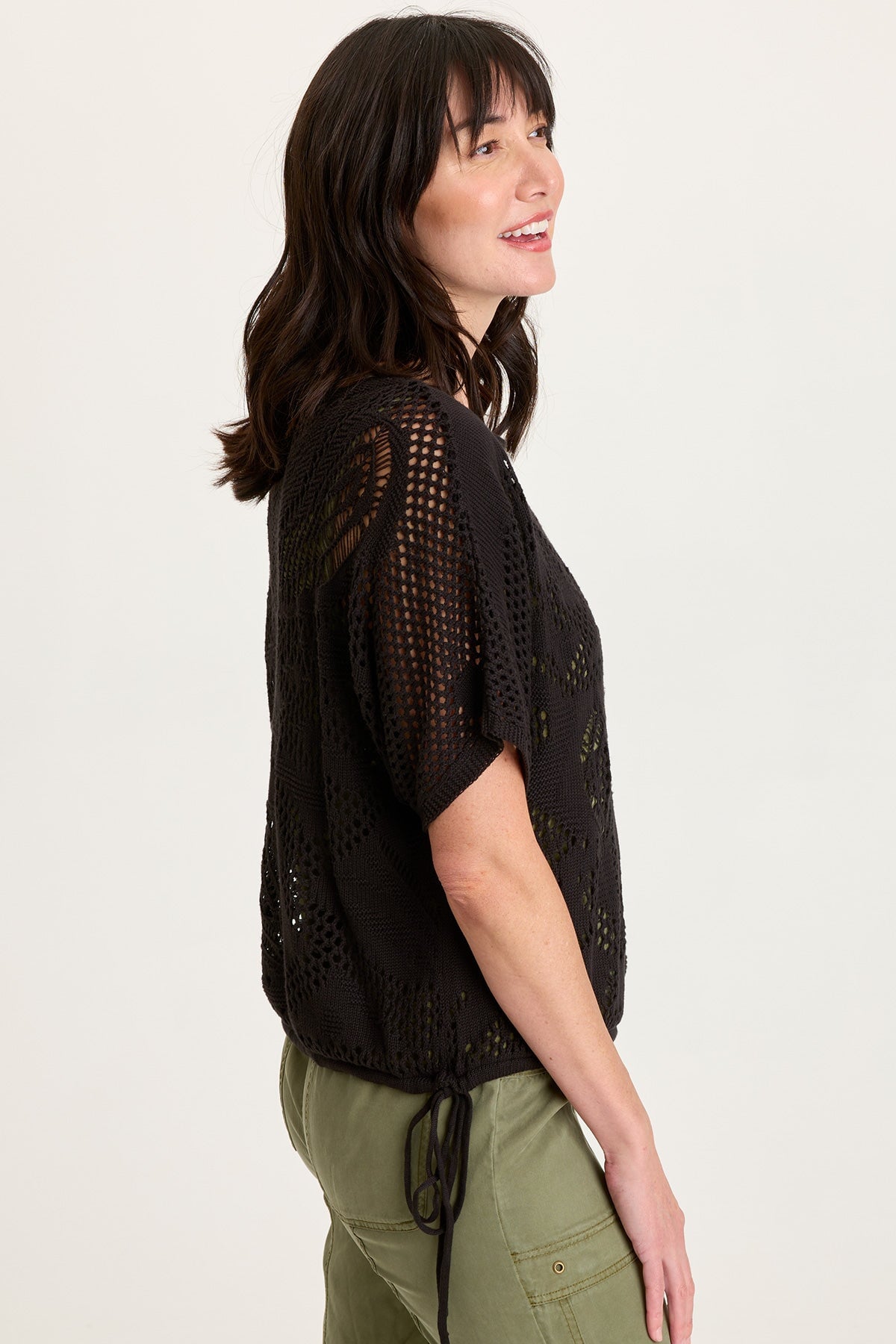 Macon Cotton Knit Mesh-Like Cinchable Bubble Hem Short Sleeve Top Black - XCVI