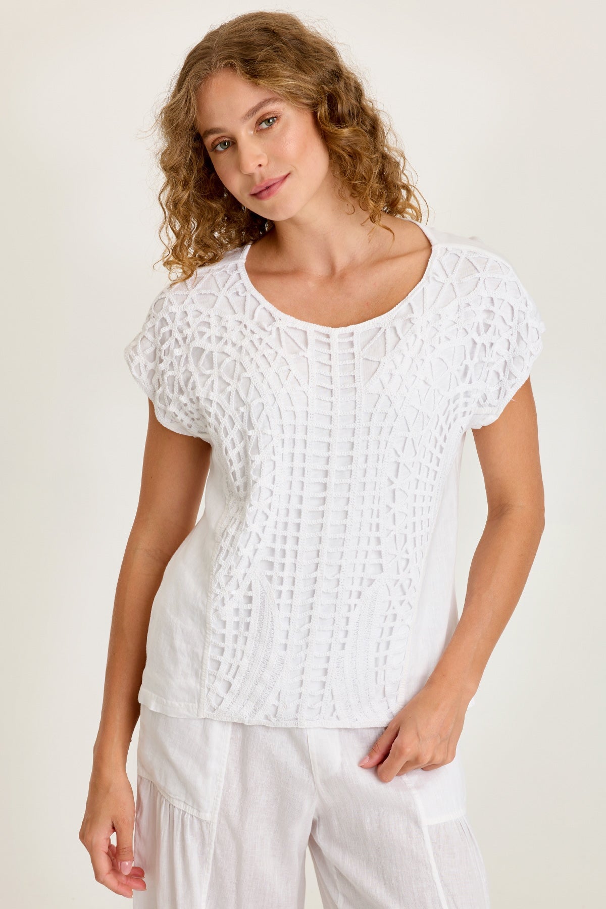 Nashir Crochet-Front Jersey-Back Short-Sleeve Top White - XCVI