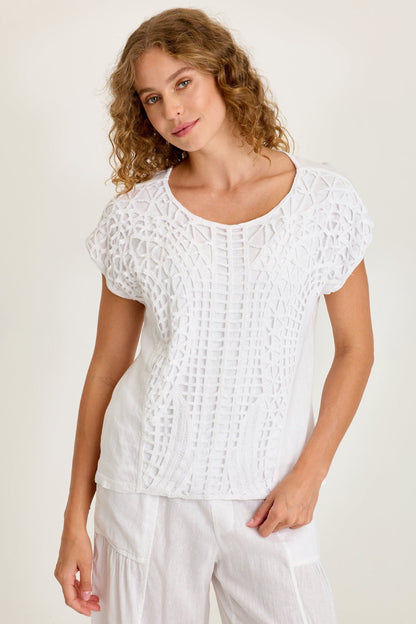 Nashir Crochet-Front Jersey-Back Short-Sleeve Top White - XCVI