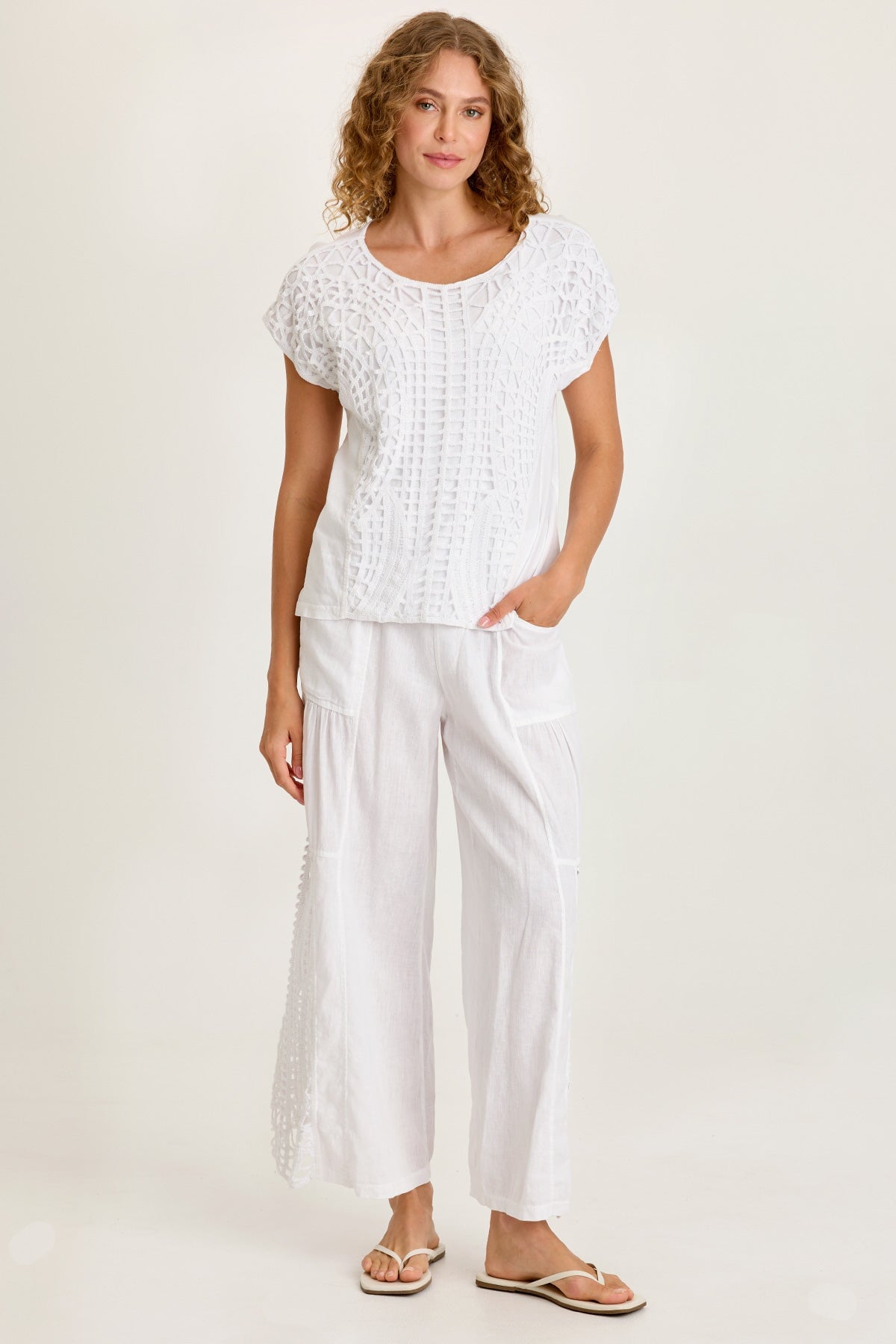 Nashir Crochet-Front Jersey-Back Short-Sleeve Top White - XCVI