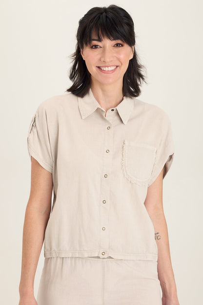 Wearables Abner Linen/Jersey Button-Up Top with dolman short sleeves and distressed pockets in Grey Ripple Pigment - XCVI