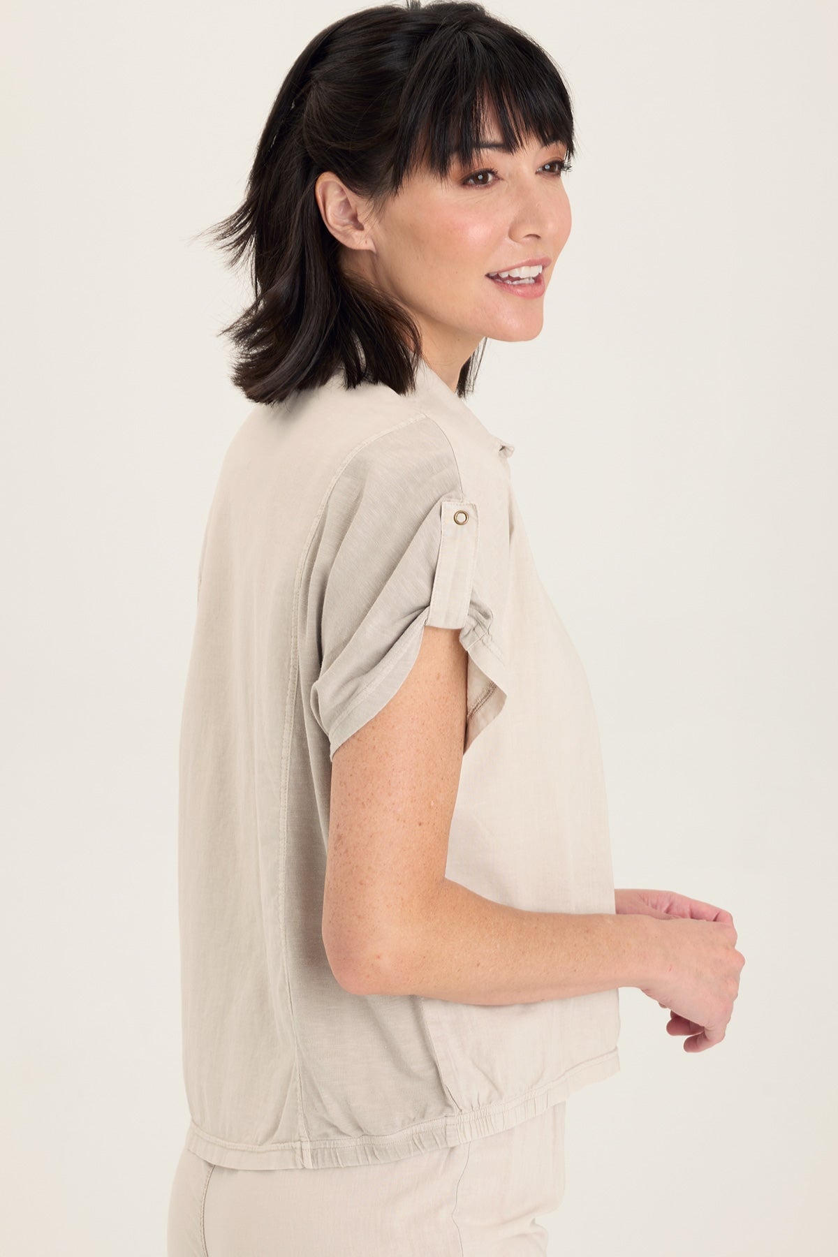Wearables Abner Linen/Jersey Button-Up Top with dolman short sleeves and distressed pockets in Grey Ripple Pigment - XCVI