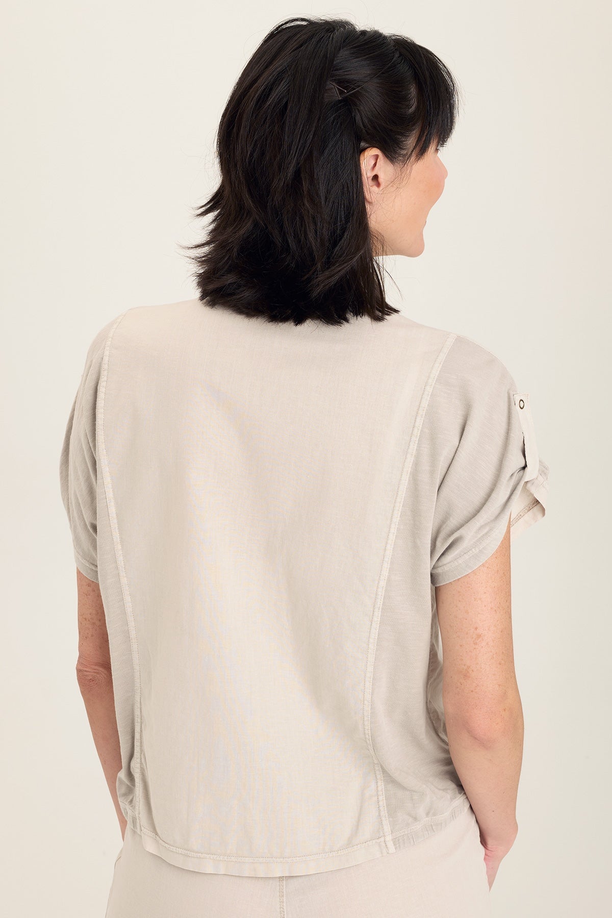 Wearables Abner Linen/Jersey Button-Up Top with dolman short sleeves and distressed pockets in Grey Ripple Pigment - XCVI
