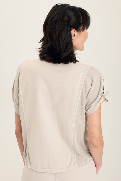 Wearables Abner Linen/Jersey Button-Up Top with dolman short sleeves and distressed pockets in Grey Ripple Pigment - XCVI