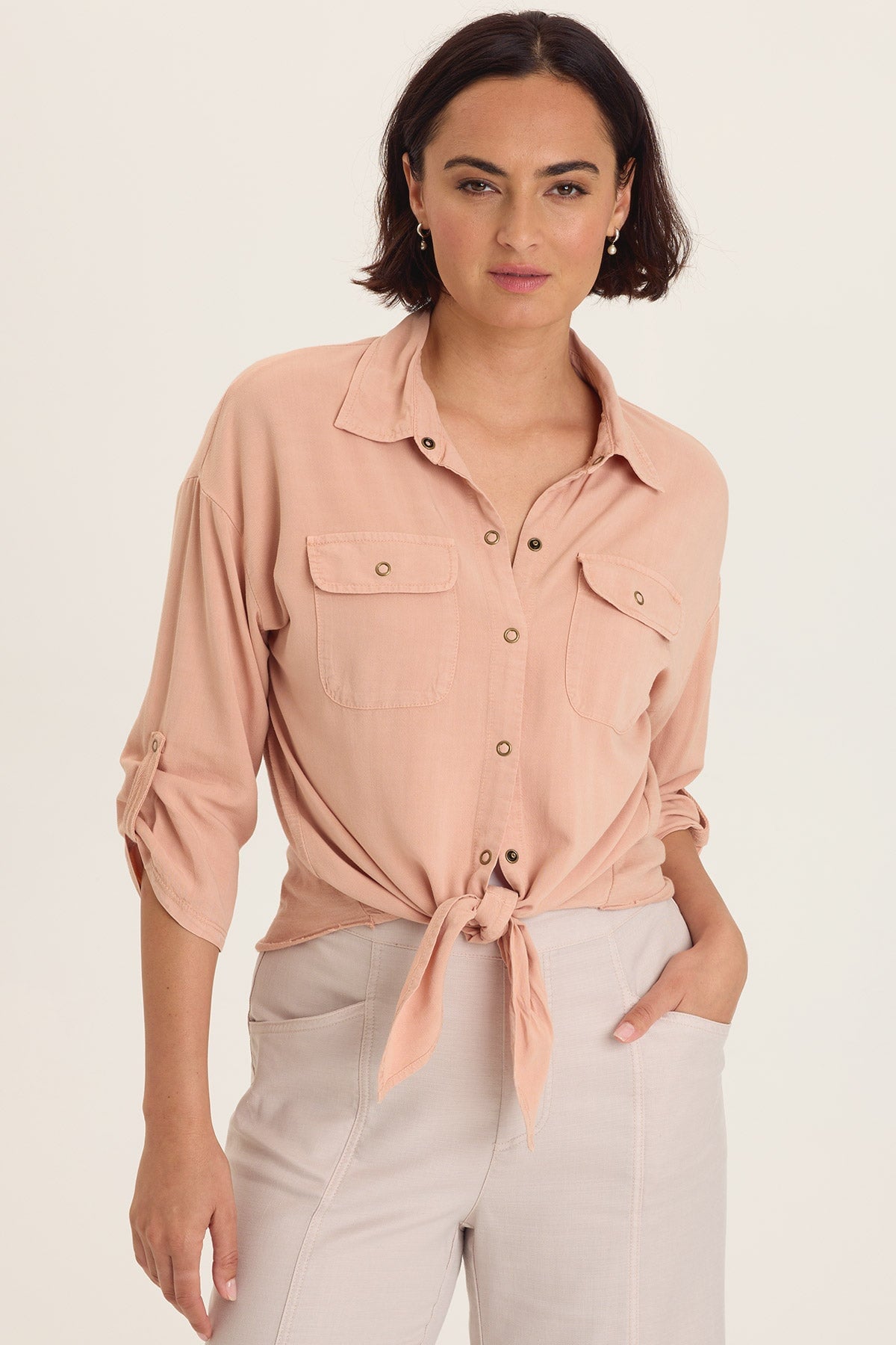 Wearables Tyrell Tie-Front Button-Up Burnished Caramel Pigment - XCVI