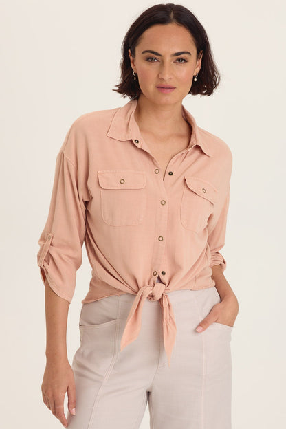 Wearables Tyrell Tie-Front Button-Up Burnished Caramel Pigment - XCVI