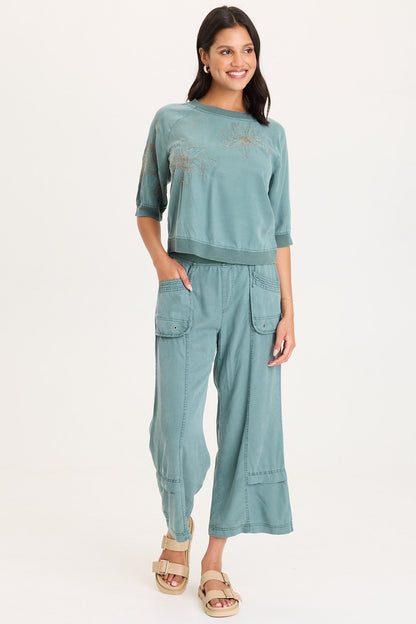 Linton Embroidered Twill/Rib Elongaed Raglan Short Sleeves Snap-Up Back Top Ocean Storm Pigment - XCVI