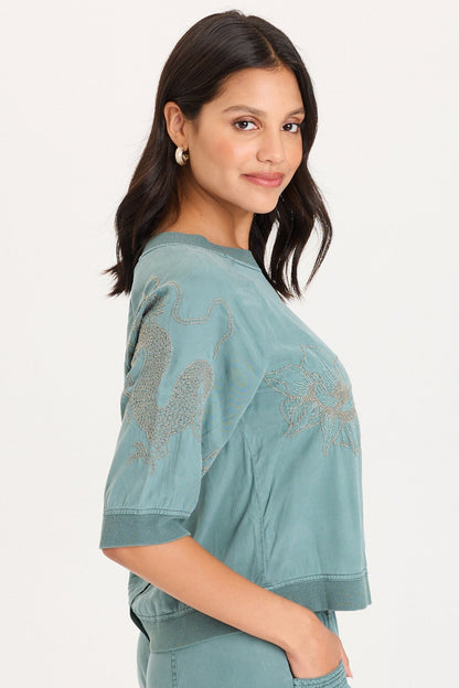 Linton Embroidered Twill/Rib Elongaed Raglan Short Sleeves Snap-Up Back Top Ocean Storm Pigment - XCVI