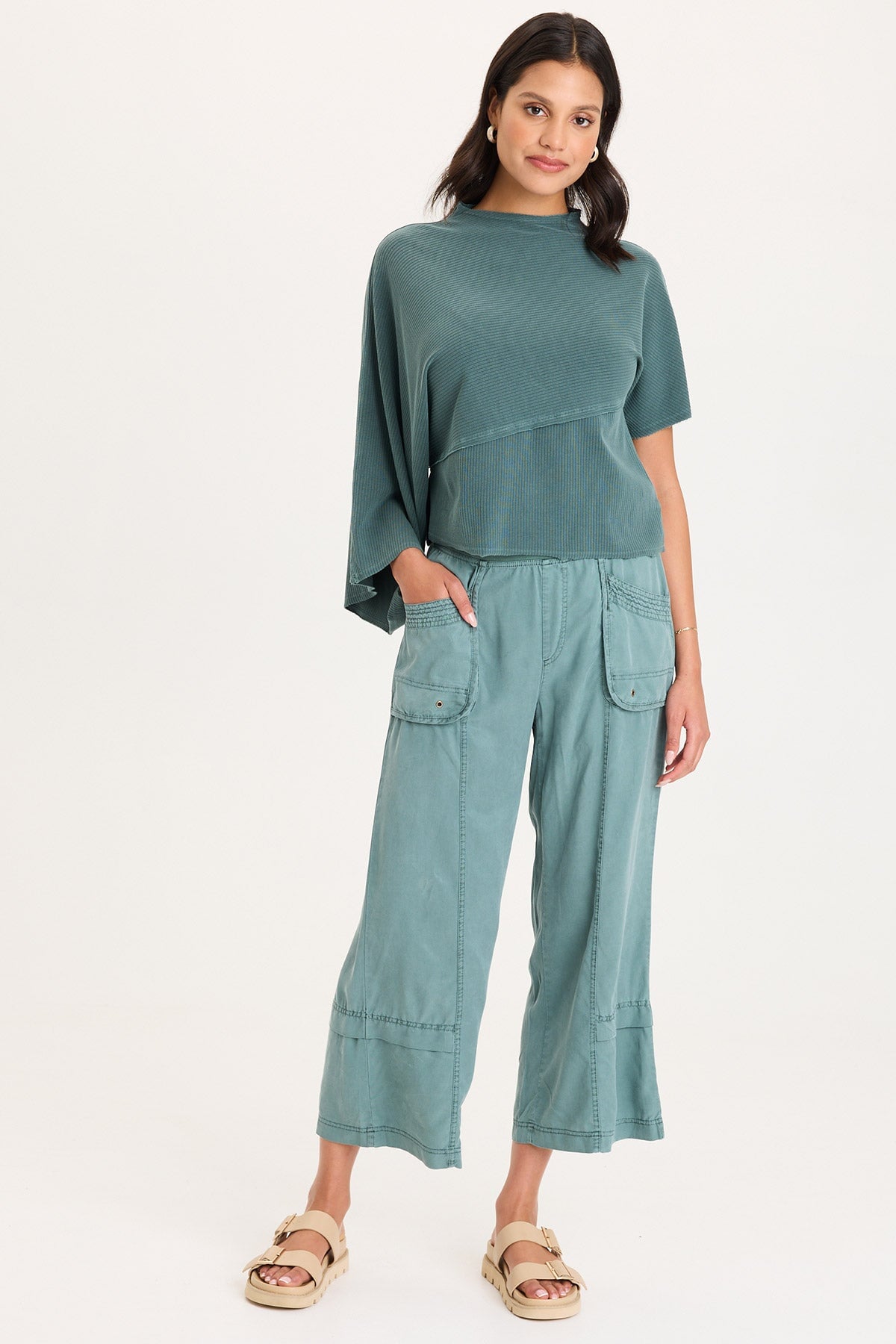Gilchrist Asymmetrcal Short and Long Sleeve Rib Top Ocean Storm Pigment - XCVI