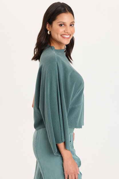 Gilchrist Asymmetrcal Short and Long Sleeve Rib Top Ocean Storm Pigment - XCVI