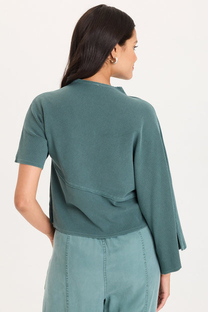 Gilchrist Asymmetrcal Short and Long Sleeve Rib Top Ocean Storm Pigment - XCVI