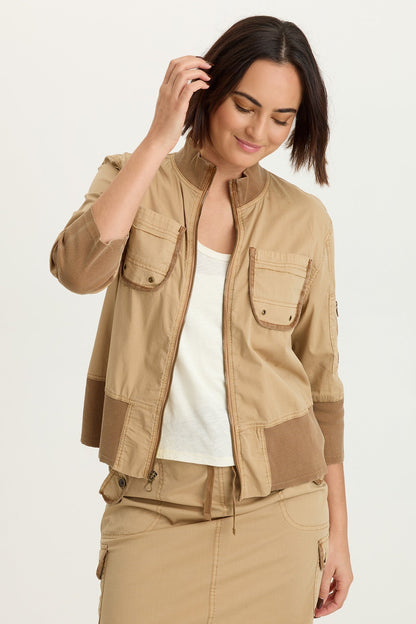 Kevone Poplin Bomber 3/4 Sleeve Zip-Up Jacket Sepia Pigment - XCVI