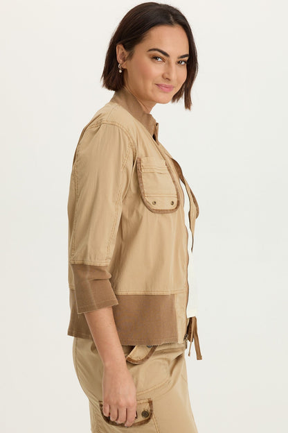 Kevone Poplin Bomber 3/4 Sleeve Zip-Up Jacket Sepia Pigment - XCVI