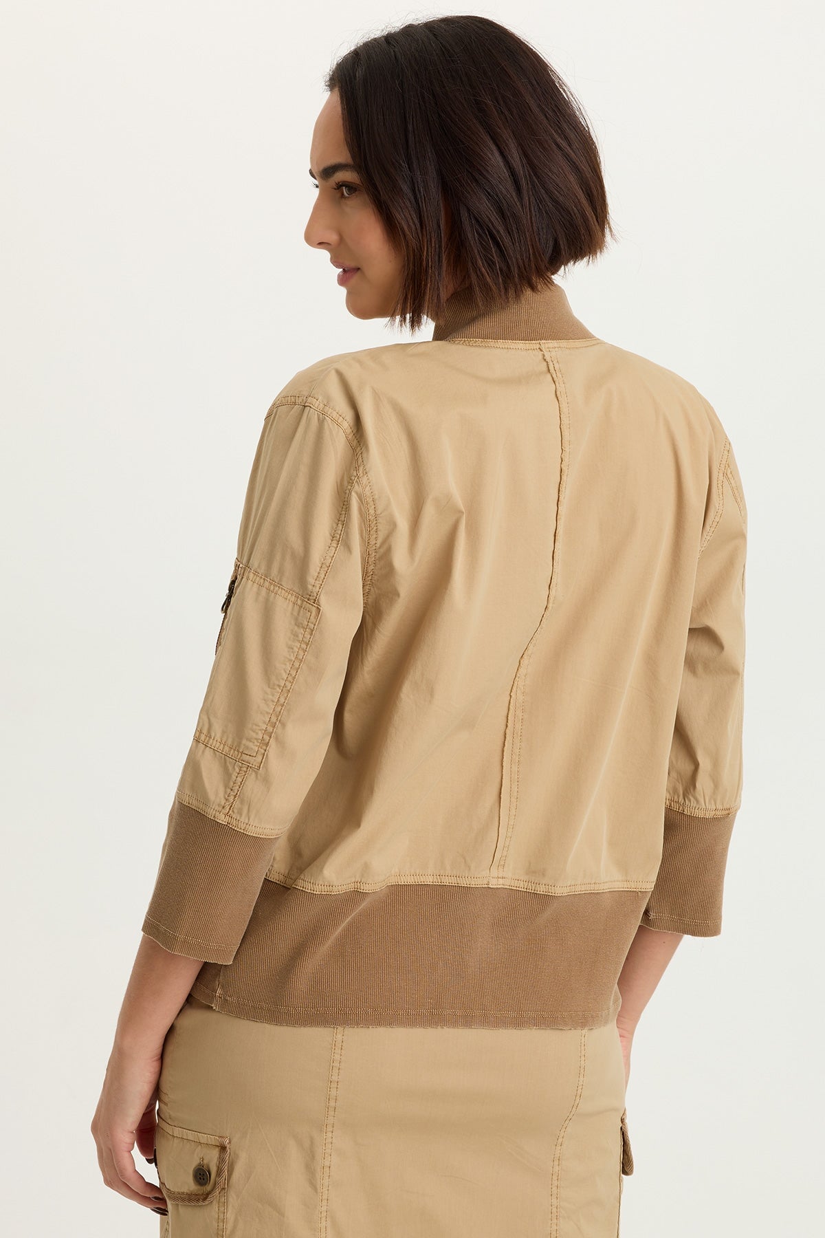Kevone Poplin Bomber 3/4 Sleeve Zip-Up Jacket Sepia Pigment - XCVI