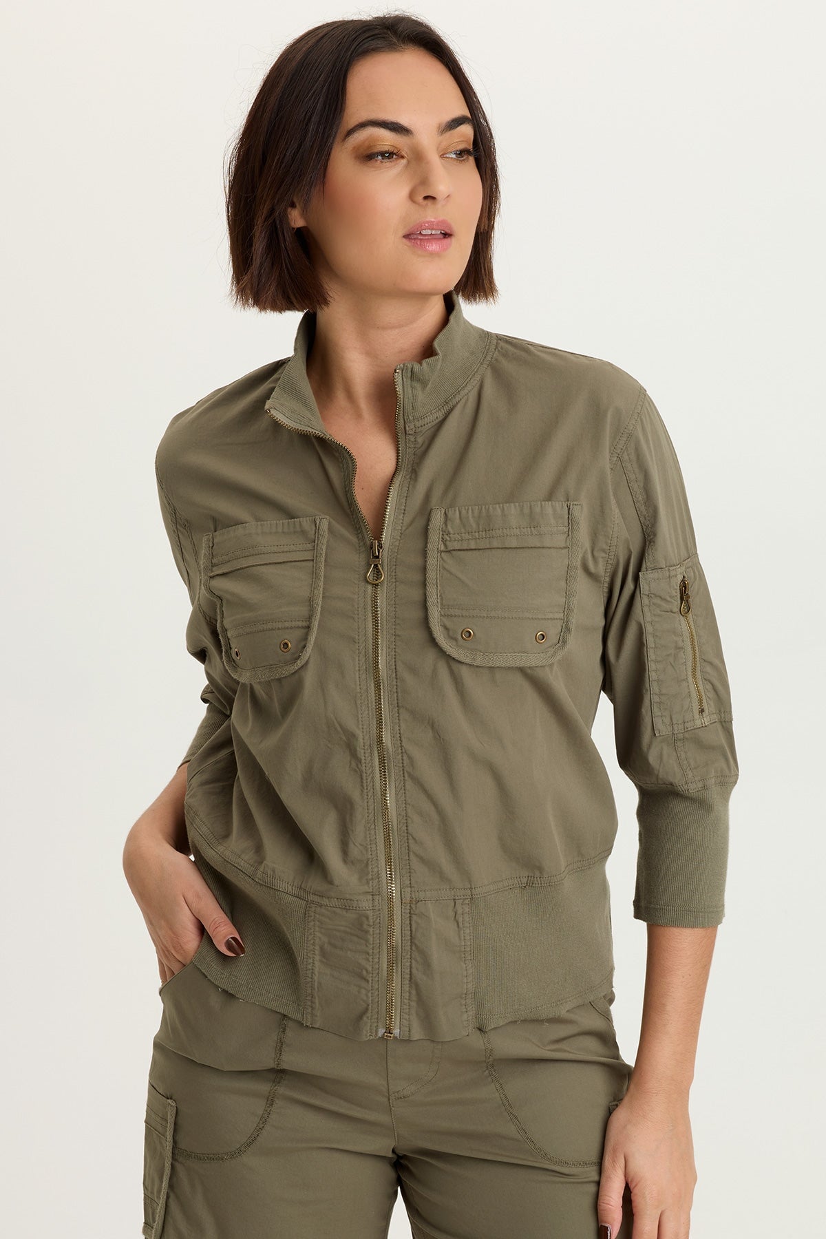 Kevone Poplin Bomber 3/4 Sleeve Zip-Up Jacket English Moss - XCVI