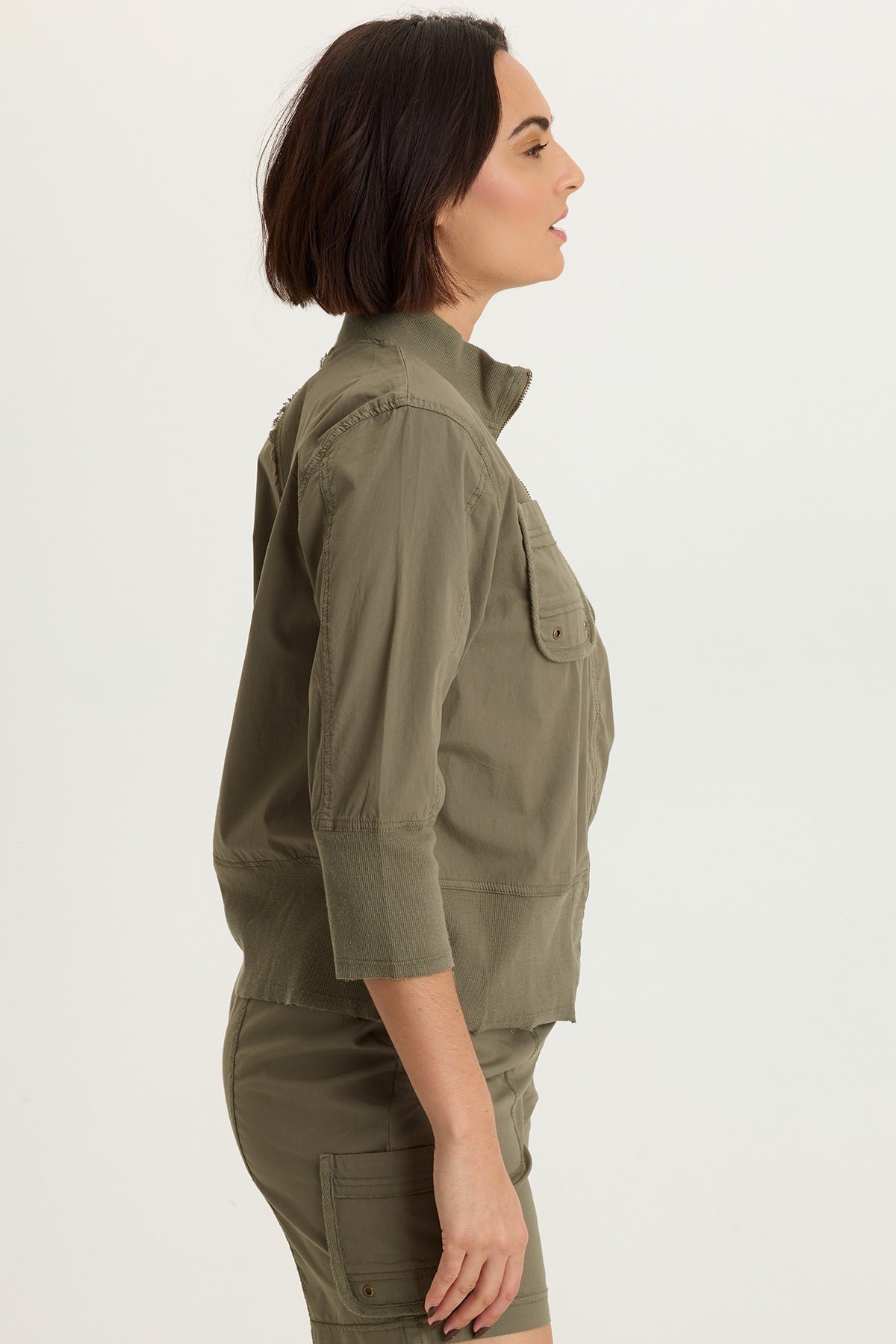 Kevone Poplin Bomber 3/4 Sleeve Zip-Up Jacket English Moss - XCVI