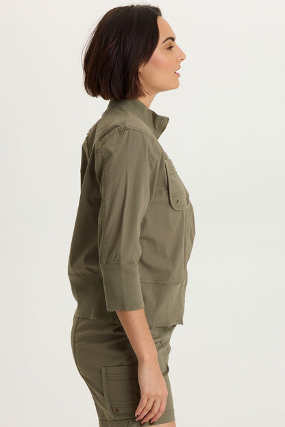 Kevone Poplin Bomber 3/4 Sleeve Zip-Up Jacket English Moss - XCVI