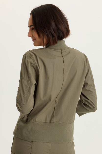 Kevone Poplin Bomber 3/4 Sleeve Zip-Up Jacket English Moss - XCVI