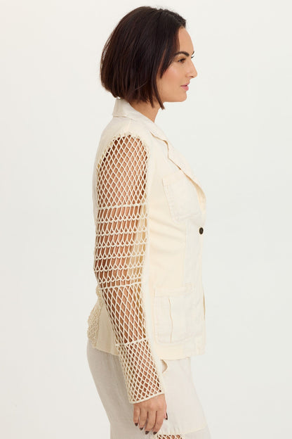 Mackie Linen Crochet Sleeve One-Button Closure Jacket Toasted Almond - XCVI