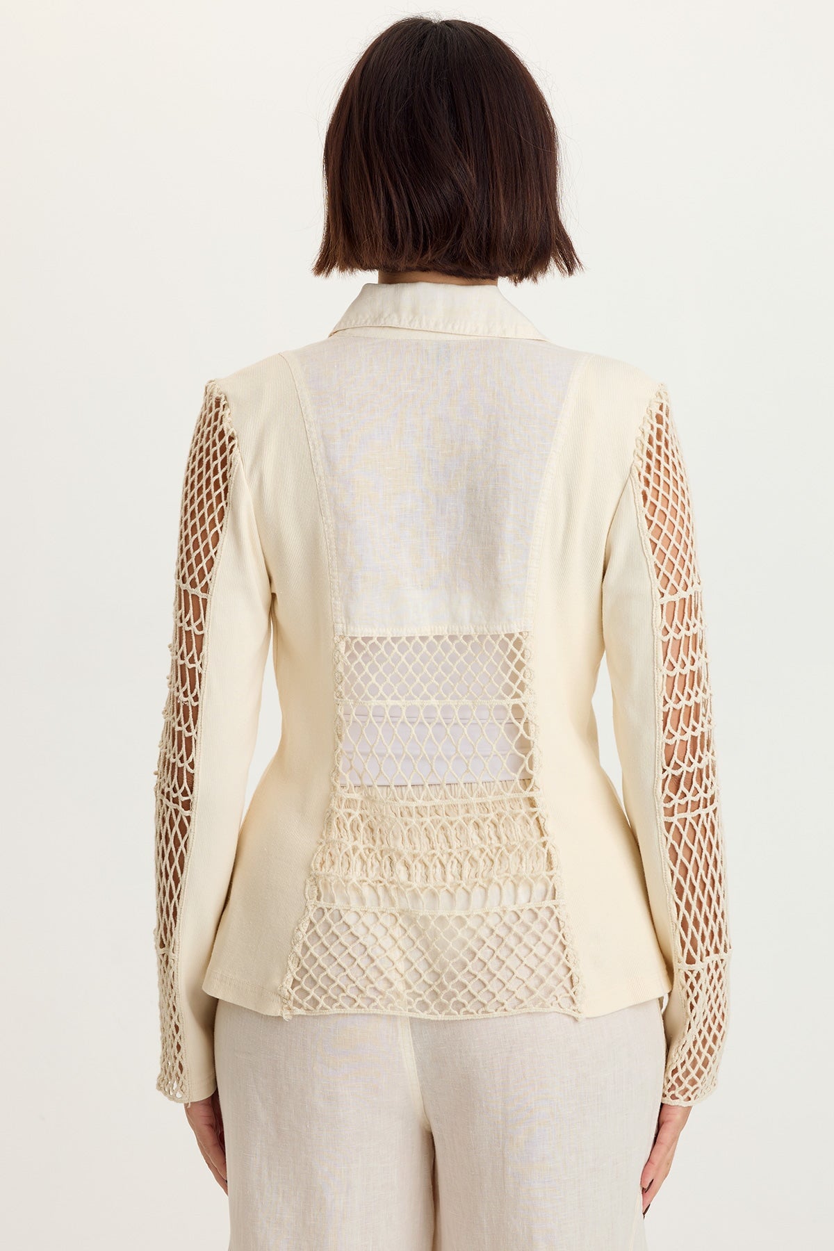 Mackie Linen Crochet Sleeve One-Button Closure Jacket Toasted Almond - XCVI