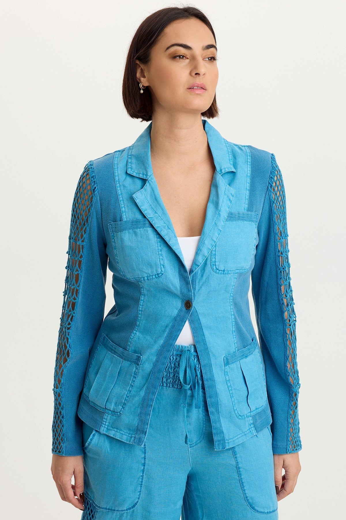Mackie Linen Crochet Sleeve One-Button Closure Jacket Aztec Sky Pigment - XCVI