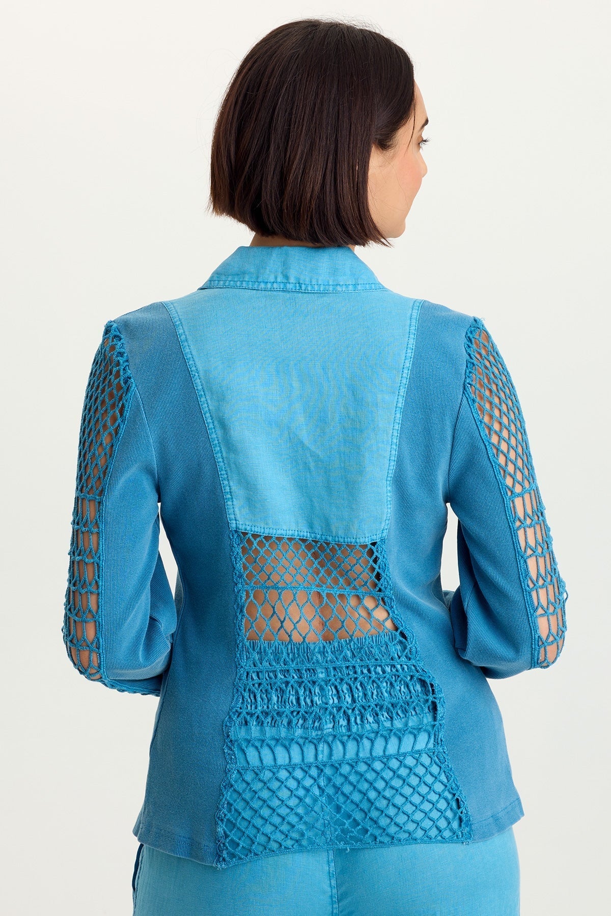 Mackie Linen Crochet Sleeve One-Button Closure Jacket Aztec Sky Pigment - XCVI