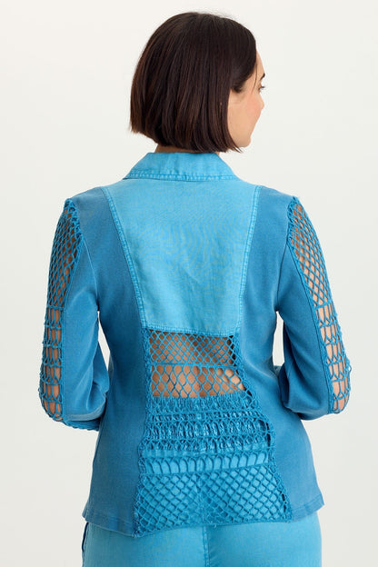 Mackie Linen Crochet Sleeve One-Button Closure Jacket Aztec Sky Pigment - XCVI