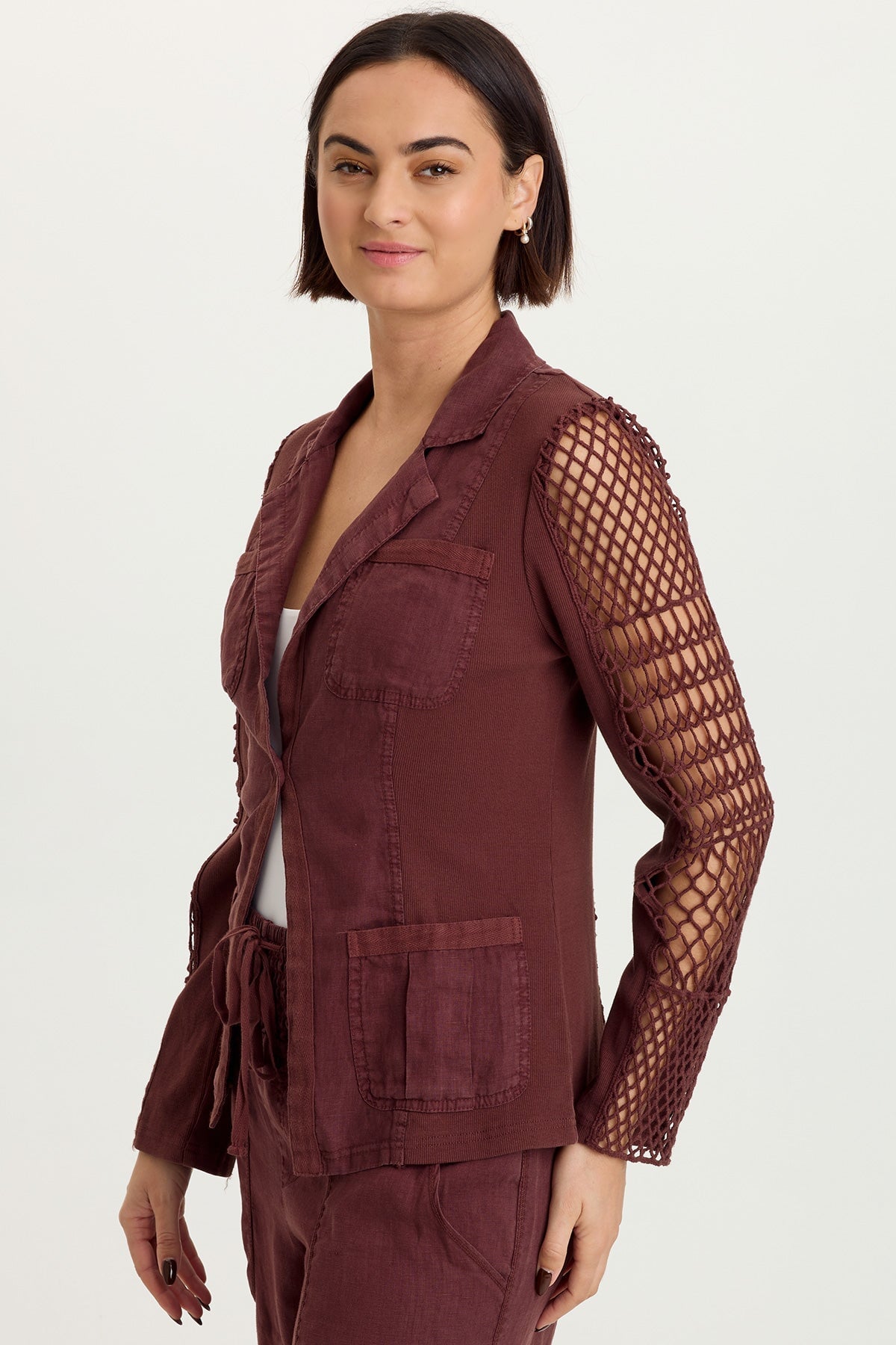 Mackie Linen Crochet Sleeve One-Button Closure Jacket Briar Wood - XCVI
