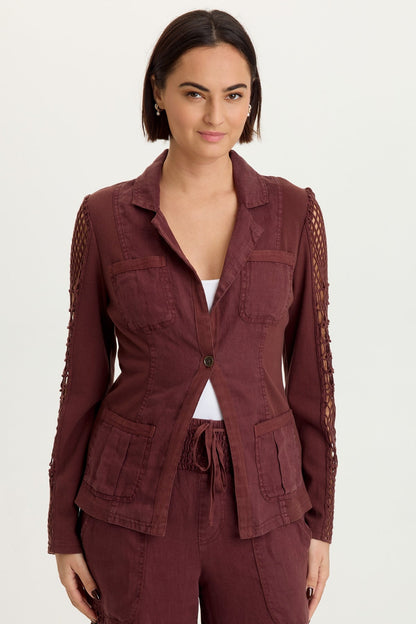 Mackie Linen Crochet Sleeve One-Button Closure Jacket Briar Wood - XCVI
