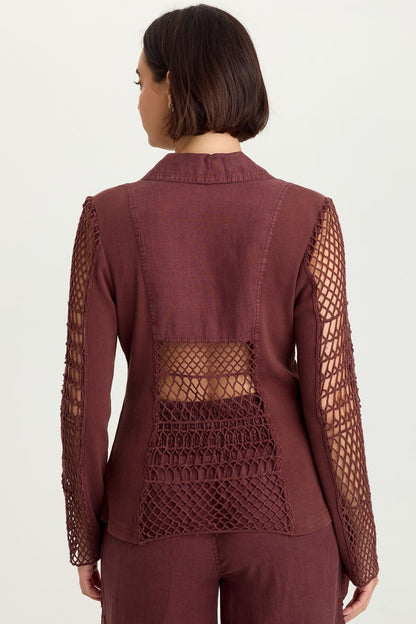 Mackie Linen Crochet Sleeve One-Button Closure Jacket Briar Wood - XCVI