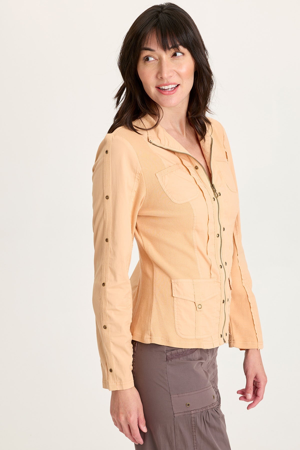 Murphy Poplin Fitted Zip-Up Brass Details Light Weight Jacket Apricot Kiss - XCVI