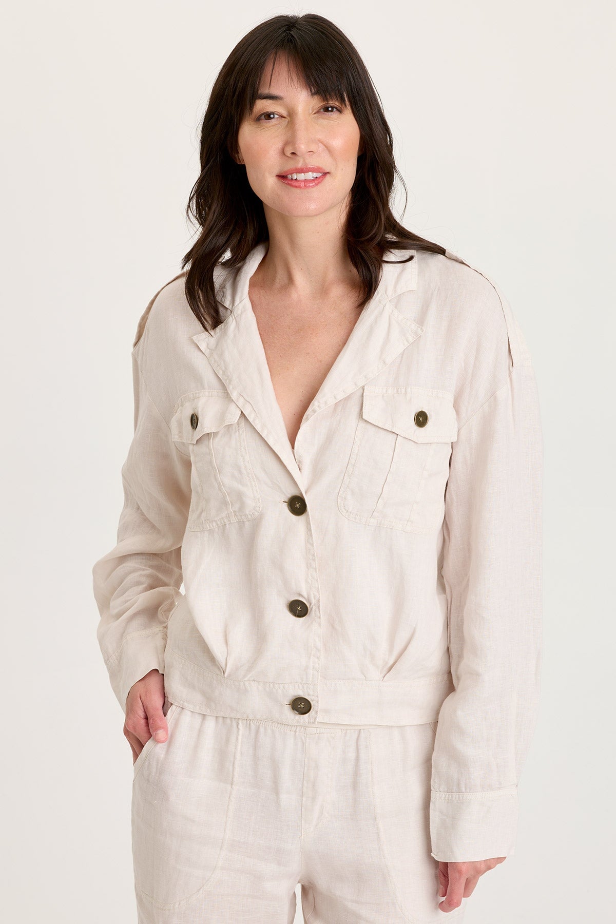 Linen Exaggerated Collar Pleated Jacket with Brass Hardware Details Sonic Silver - XCVI
