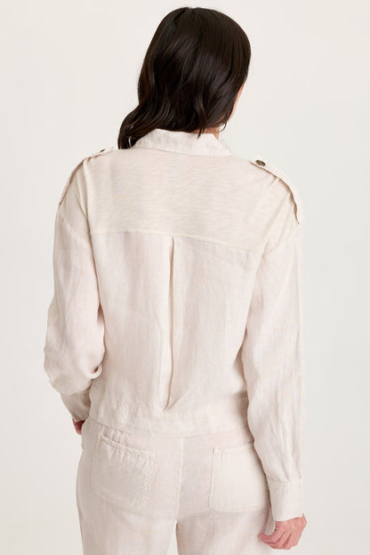 Linen Exaggerated Collar Pleated Jacket with Brass Hardware Details Sonic Silver - XCVI