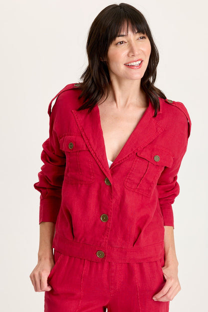 Linen Exaggerated Collar Pleated Jacket with Brass Hardware Details Red Garnet - XCVI