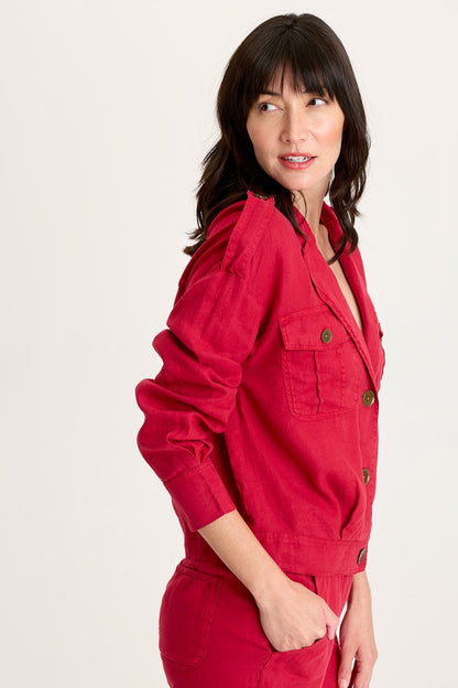 Linen Exaggerated Collar Pleated Jacket with Brass Hardware Details Red Garnet - XCVI