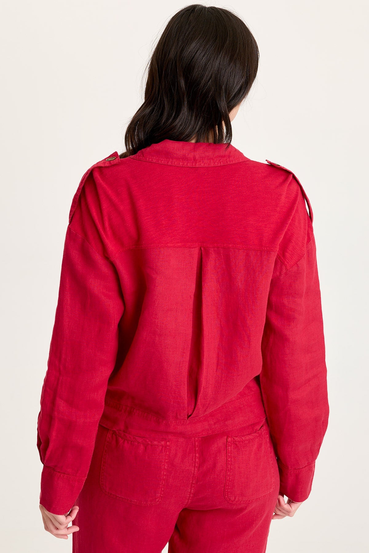 Linen Exaggerated Collar Pleated Jacket with Brass Hardware Details Red Garnet - XCVI