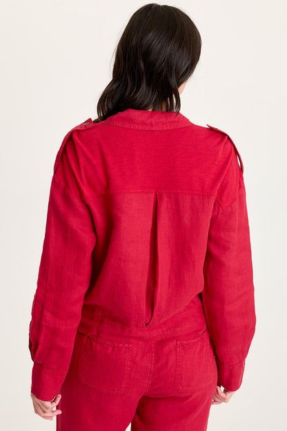 Linen Exaggerated Collar Pleated Jacket with Brass Hardware Details Red Garnet - XCVI