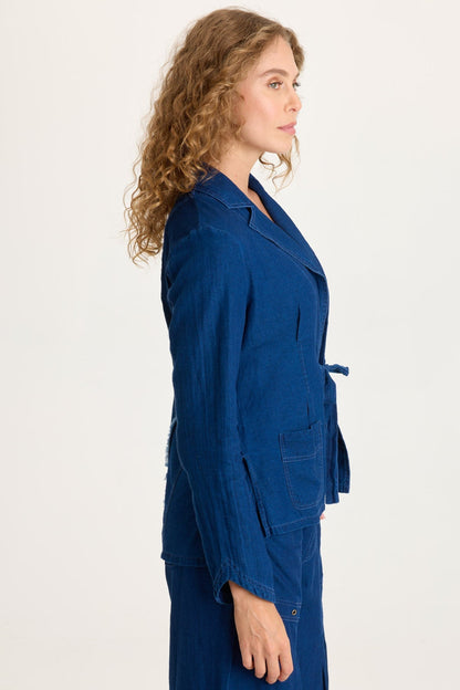 Floris Indigo Twill Front-Tie Jacket Sluice Wash - XCVI