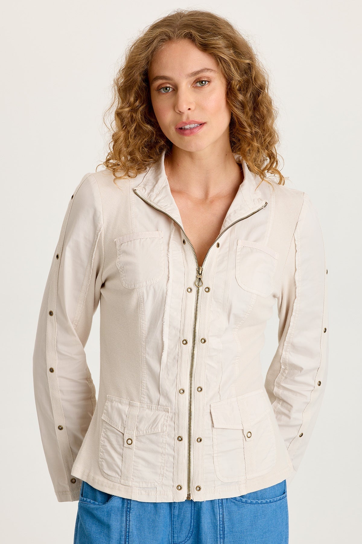 Murphy Poplin Fitted Zip-Up Brass Details Light Weight Jacket Sonic Silver - XCVI