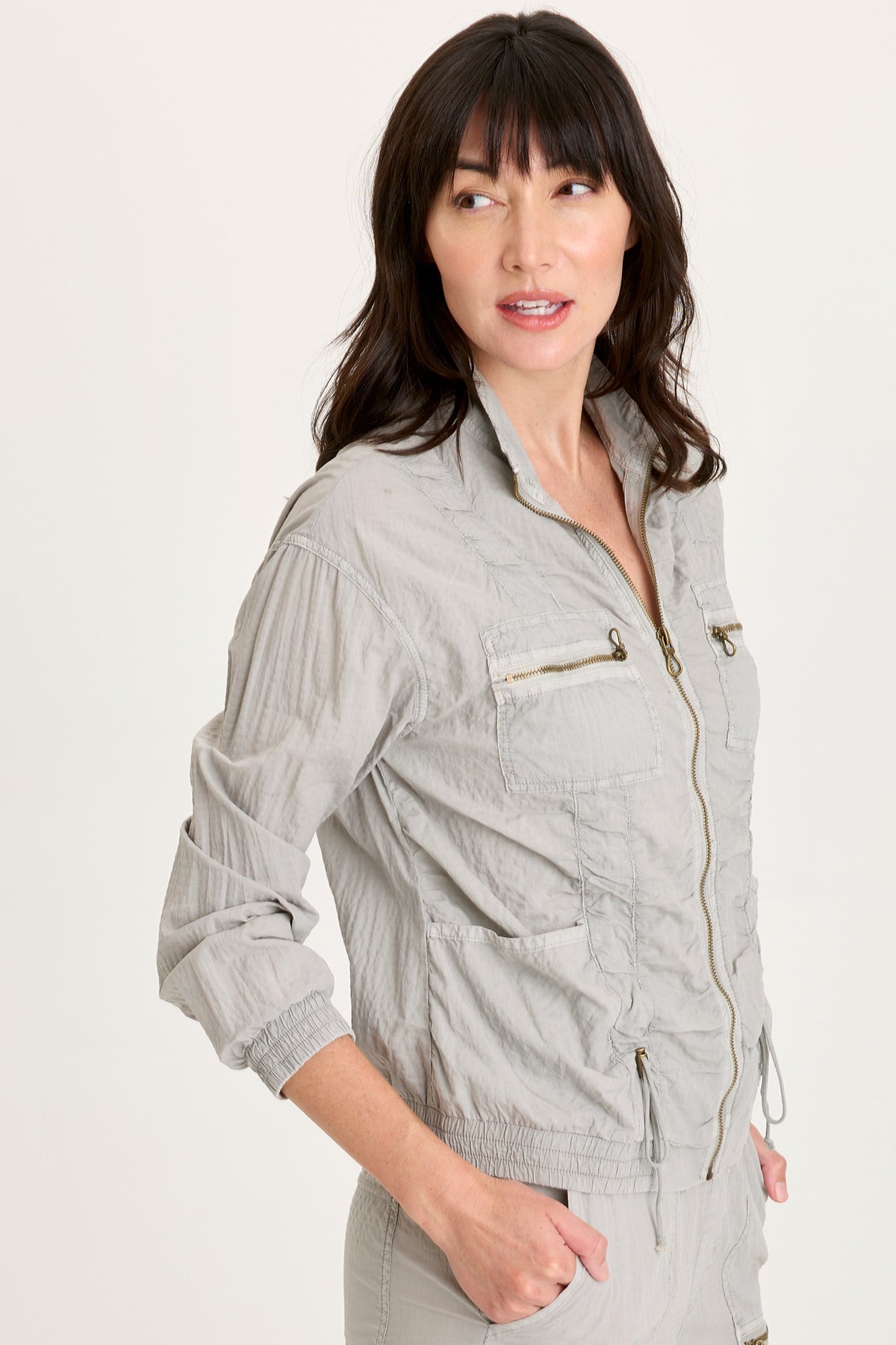 Amis Textured Stretch Cinchable Front Bomber Jacket Earl Grey Pigment - XCVI